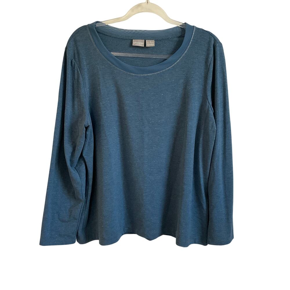 Chico’s Zenergy Blue Metallic Weave Long Sleeve Tee - XL‎ Holiday Elevated Basic